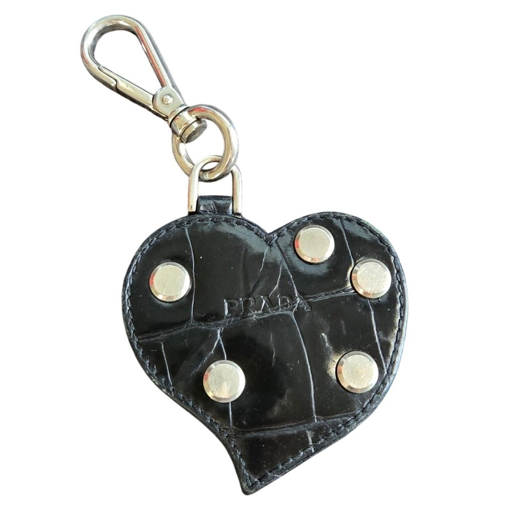 Prada Black Croc Embossed Leather Heart Studded Bag Charm Keychain Silver